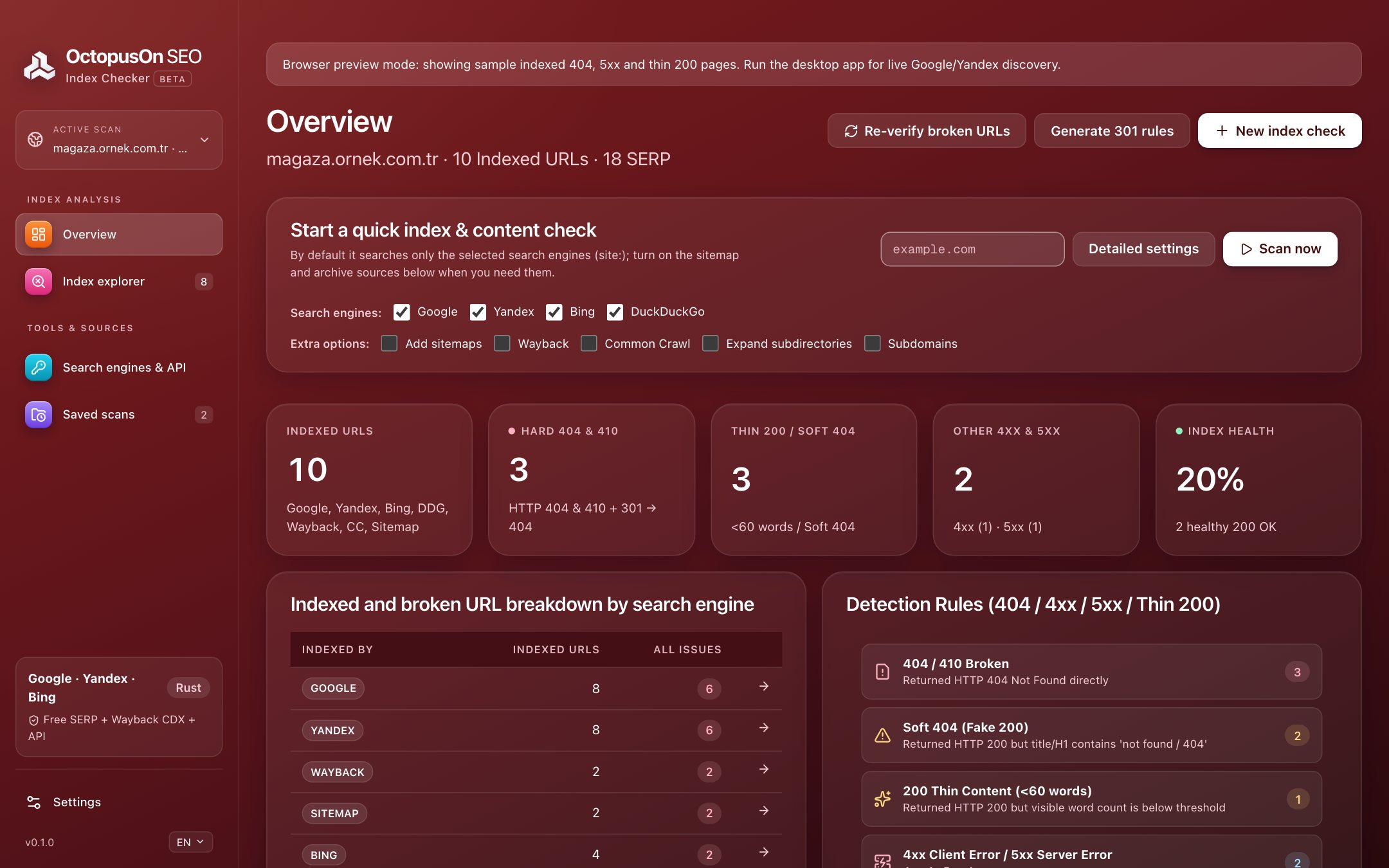 OctopusOn Index Checker window